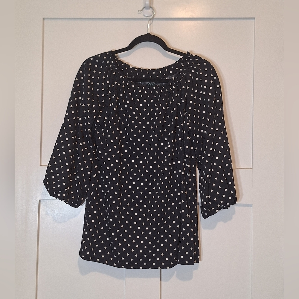 Lauren Ralph Lauren Black White Polka Dots Top Stretch Size Medium